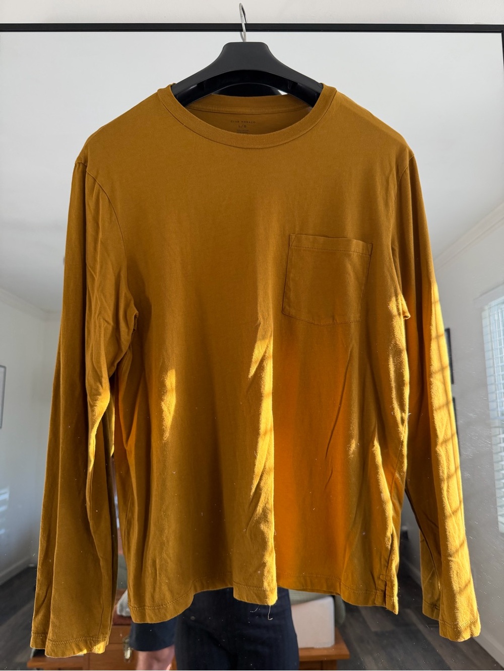 Club Monaco Men's Long-Sleeve Pocket Tee in Mustard Yellow